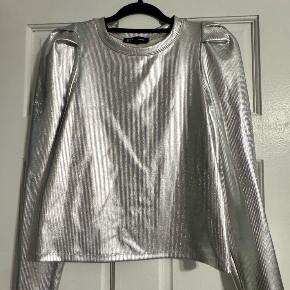 INC International Concepts Shimmering Silver Long Sleeve Top
